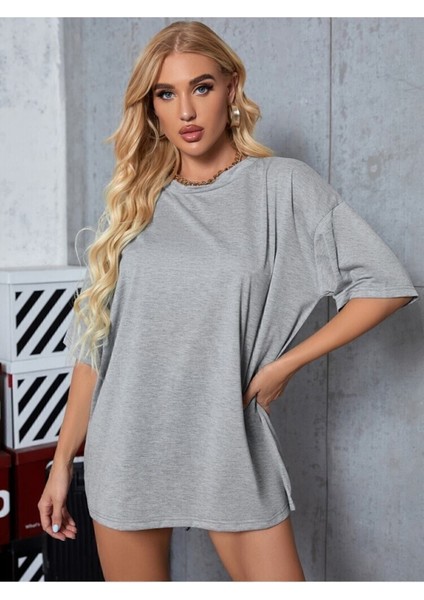 Unisex Gri Bisiklet Yaka Pamuk Oversize Boyfriend T-Shirt