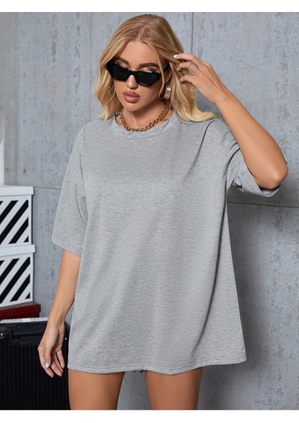 Unisex Gri Bisiklet Yaka Pamuk Oversize Boyfriend T-Shirt fiyatları