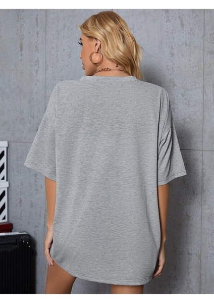 Unisex Gri Bisiklet Yaka Pamuk Oversize Boyfriend T-Shirt fırsatları