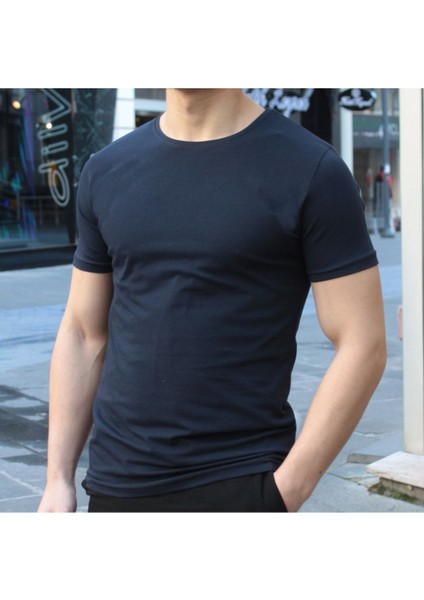 Erkek Lacivert Bisiklet Yaka Slim Fit T-Shirt