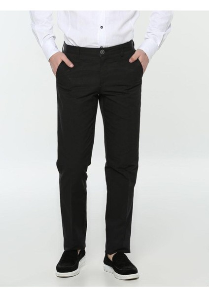 Erkek Siyah Perfore Armür Klasik Kesim Keten Pantolon