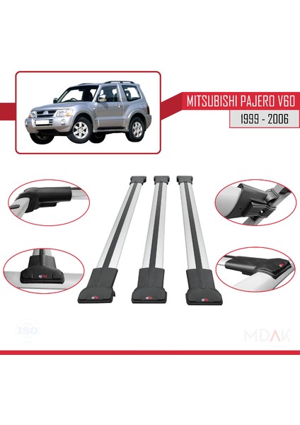Mitsubishi Pajero (V60) 3 Kapı 1999-2006 Arası ile Uyumlu Fly Model Ara Atkı Tavan Barı Gri 3 Adet fırsatları