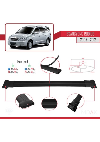 Ssangyong Rodius 2005-2012 Arası ile Uyumlu Fly Model Ara Atkı Tavan Barı Siyah 2 Adet fırsatları