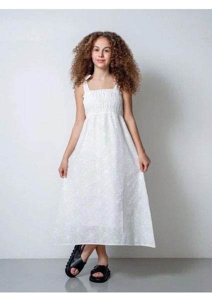 Kız Çocuk Askılı Bağlamalı Brode Elbise