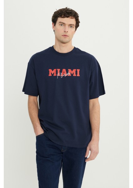 Oversize %100 Pamuk Geniş Kesim Baskılı Bisiklet Yaka Tişört