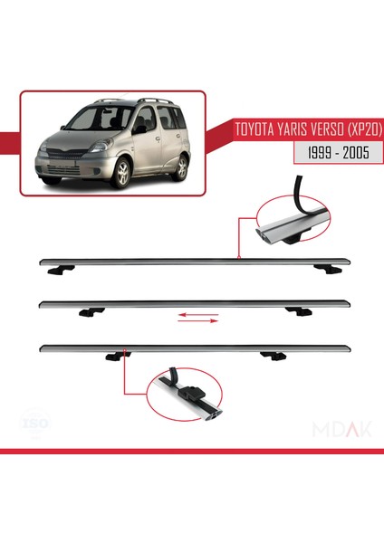 Toyota Yaris Verso (XP20) 1999-2005 Arası ile Uyumlu Basıc Model Ara Atkı Tavan Barı Gri 3 Adet