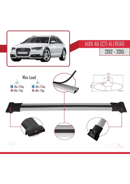 A6 (C7) Allroad 2012-2015 Arası ile Uyumlu Fly Model Ara Atkı Tavan Barı Gri 2 Adet modelleri