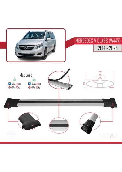 Mercedes V Class 3 (W447) 2014 ve Sonrası ile Uyumlu Fly Model Ara Atkı Tavan Barı Gri 4 Adet modelleri