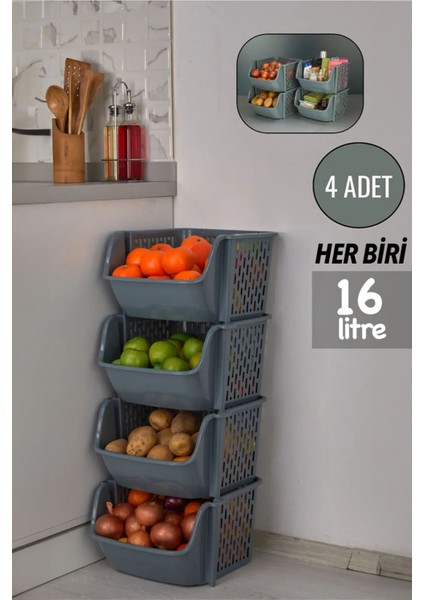 Elite 4 Katlı Patates & Soğanlık, Katlı Sebzelik, Büyük Düzenleyici, Oyuncak Sepeti, Banyo Organizeri Gri 1 Adet