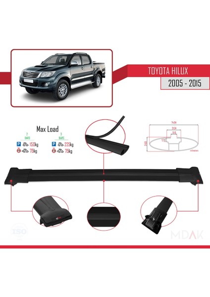 Toyota Hilux 7 (AN30) 2005-2015 Arası ile Uyumlu Fly Model Ara Atkı Tavan Barı Siyah 2 Adet fırsatları