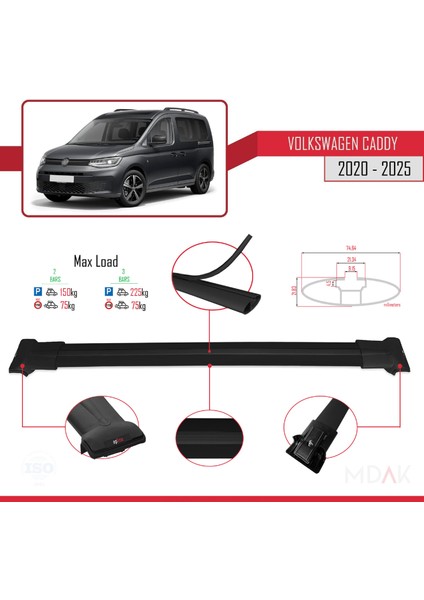 Volkswagen Caddy 4 (Sb) 2020 ve Sonrası ile Uyumlu Fly Model Ara Atkı Tavan Barı Siyah 2 Adet fırsatları