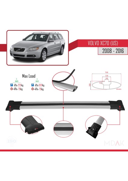 Volvo XC70 Iı (P24) 2008-2016 Arası ile Uyumlu Fly Model Ara Atkı Tavan Barı Gri 3 Adet modelleri