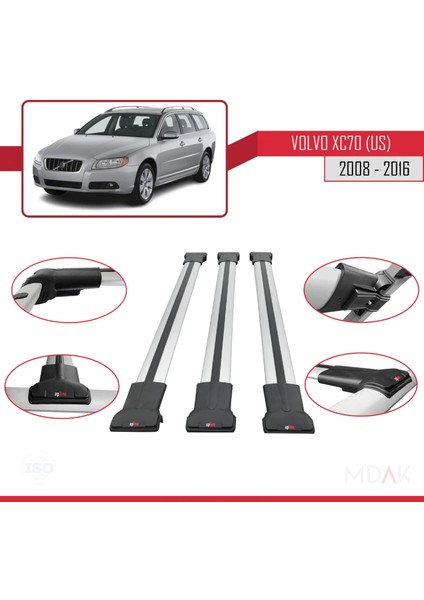 Volvo XC70 Iı (P24) 2008-2016 Arası ile Uyumlu Fly Model Ara Atkı Tavan Barı Gri 3 Adet fırsatları