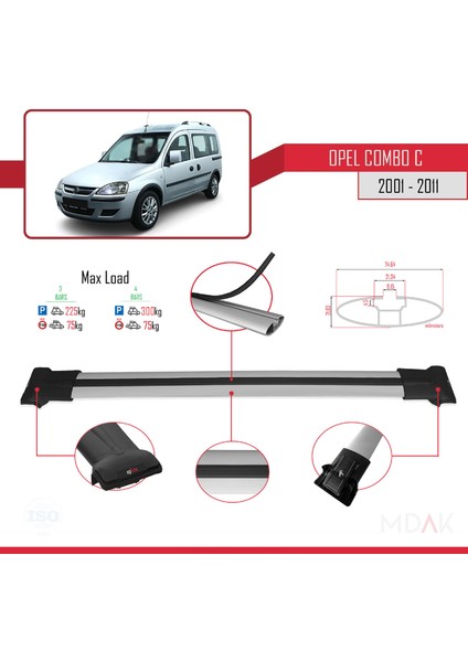 Opel Combo C 2001-2011 Arası ile Uyumlu Fly Model Ara Atkı Tavan Barı Gri 4 Adet modelleri