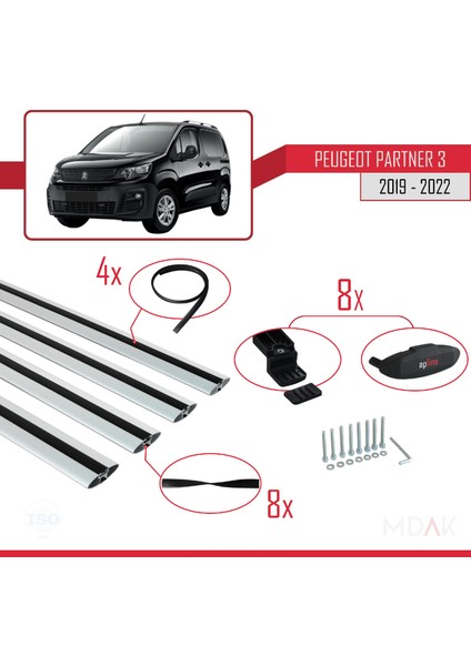 Peugeot Partner 3 2019-2022 Arası ile Uyumlu Basıc Model Ara Atkı Tavan Barı Gri 4 Adet indirimleri