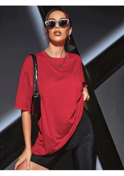 Unisex Kırmızı Bisiklet Yaka Pamuk Oversize Boyfriend T-Shirt fiyatları