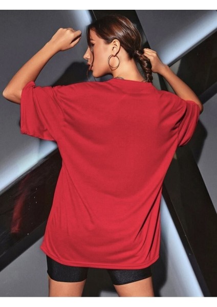 Unisex Kırmızı Bisiklet Yaka Pamuk Oversize Boyfriend T-Shirt fırsatları