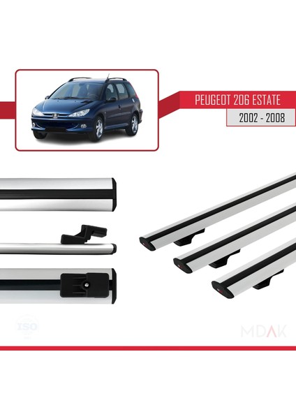 Peugeot 206 Sw 2002-2008 Arası ile Uyumlu Basıc Model Ara Atkı Tavan Barı Gri 3 Adet