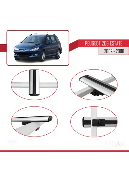 Peugeot 206 Sw 2002-2008 Arası ile Uyumlu Basıc Model Ara Atkı Tavan Barı Gri 3 Adet