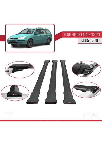 Ford Focus 2 (C307) Sw 2005-2010 Arası ile Uyumlu Fly Model Ara Atkı Tavan Barı Siyah 3 Adet fırsatları