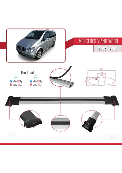 Mercedes Viano 2 (W639) Pre-Facelift 2003-2010 Arası ile Uyumlu Fly Model Ara Atkı Tavan Barı Gri 4 Adet modelleri