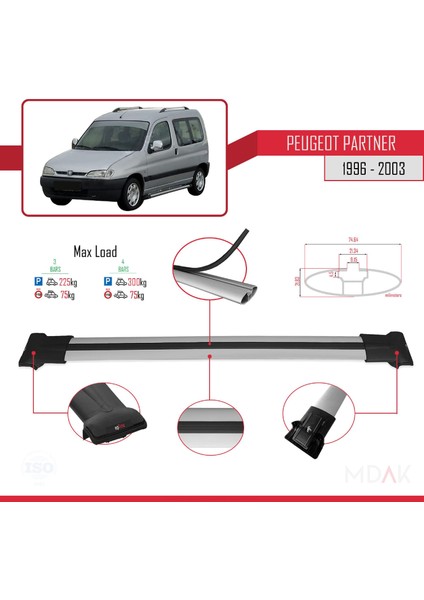 Peugeot Partner Pre-Facelift 1996-2003 Arası ile Uyumlu Fly Model Ara Atkı Tavan Barı Gri 3 Adet modelleri