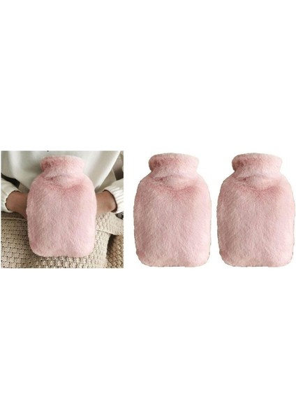 Sıcak Su Torbası 2 Adet Yan Cepli Pembe Peluş Termofor 27x17x2 cm 750 ml