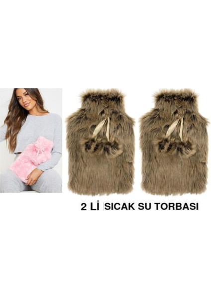 Sıcak Su Torbası 2 Adet Peluş Ponponlu Kahverengi 28x18x2 cm 1 lt