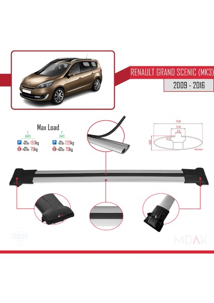 Renault Grand Scenic 3 2009-2016 Arası ile Uyumlu Fly Model Ara Atkı Tavan Barı Gri 2 Adet modelleri