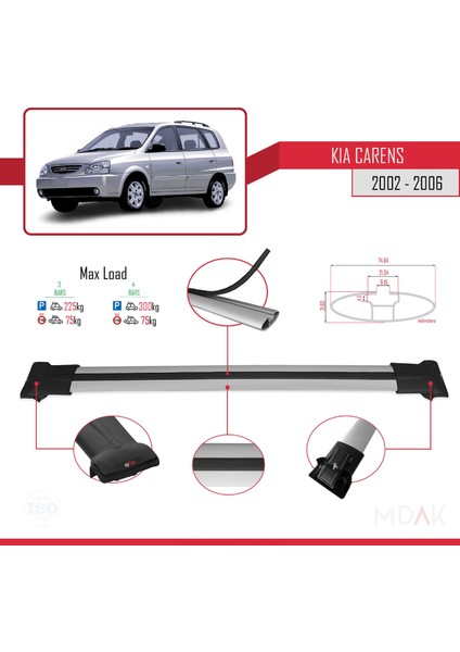 Kia Carens Post-Facelift 2002-2006 Arası ile Uyumlu Fly Model Ara Atkı Tavan Barı Gri 3 Adet modelleri