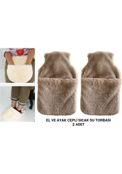 Sıcak Su Torbası 2 Adet,cepli Bej Peluş Termofor 32,5X17,5CM 1500 ml