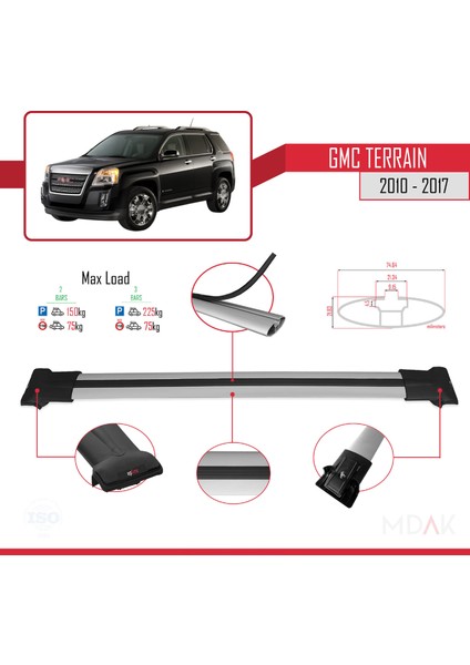 Gmc Terrain 2010-2017 Arası ile Uyumlu Fly Model Ara Atkı Tavan Barı Gri 2 Adet