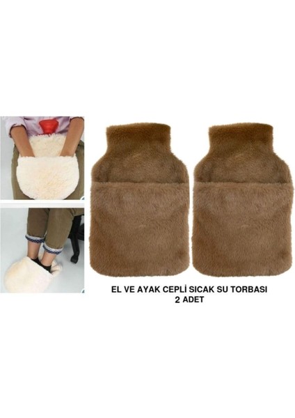 Sıcak Su Torbası 2 Adet,cepli Kahverengi Peluş Termofor 32,5X17,5CM 1500 ml