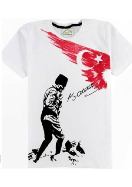 Atatürk ve Bayrak Baskılı Unisex Çocuk Tshirt