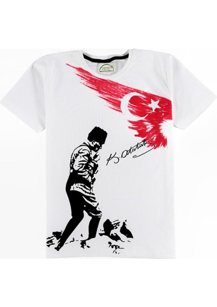 Atatürk ve Bayrak Baskılı Unisex Çocuk Tshirt