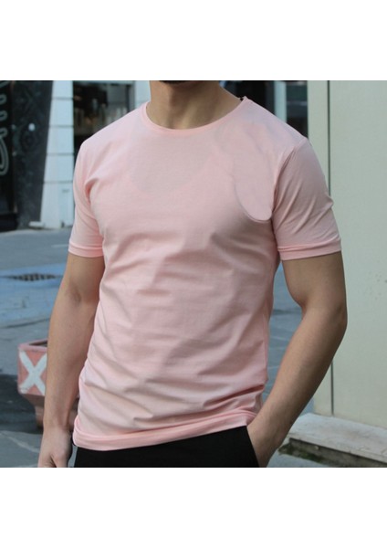 Erkek Pembe Bisiklet Yaka Slim Fit T-Shirt