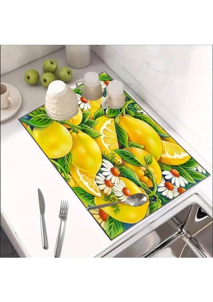 55 cm x 45 cm Limon Çiçeği Tasarımı Tezgah Üstü Bulaşık Kurutma Matı Bulaşıklık Kurutma Örtüsü