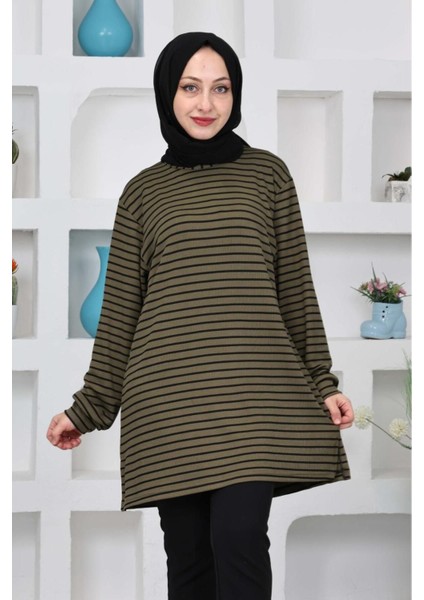 Kadın Yanına Çizgili Bisiklet Yaka Esnek Sweat Tunik modelleri