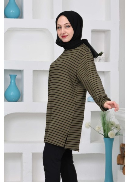 Kadın Yanına Çizgili Bisiklet Yaka Esnek Sweat Tunik