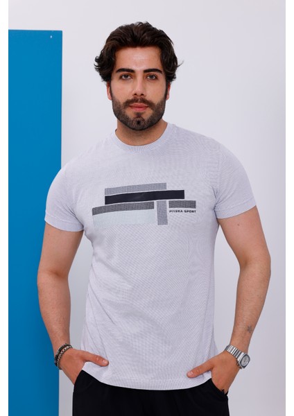Erkek Beyaz Bisiklet Yaka Baskılı T-Shirt - 170