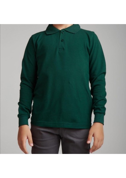 Uzun Kollu Koyu Yeşil Genç Boy Lise Okul Lakos Polo Yaka T-Shirt