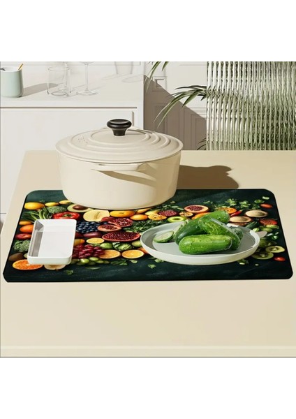 55 cm x 45 cm Meyveler ve Sebzeler Tasarımı Tezgah Üstü Bulaşık Kurutma Matı Bulaşıklık Kurutma Örtüsü