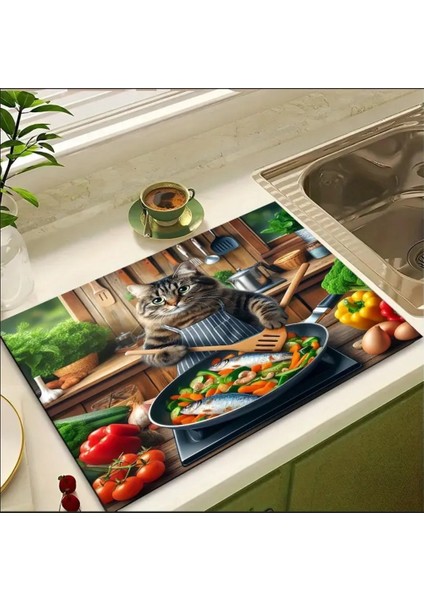 55 cm x 45 cm Kedi Şef Tasarımı Tezgah Üstü Bulaşık Kurutma Matı Bulaşıklık Kurutma Örtüsü