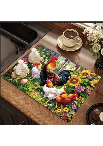 55 cm x 45 cm Horoz ve Tavuk Tasarımı Tezgah Üstü Bulaşık Kurutma Matı Bulaşıklık Kurutma Örtüsü