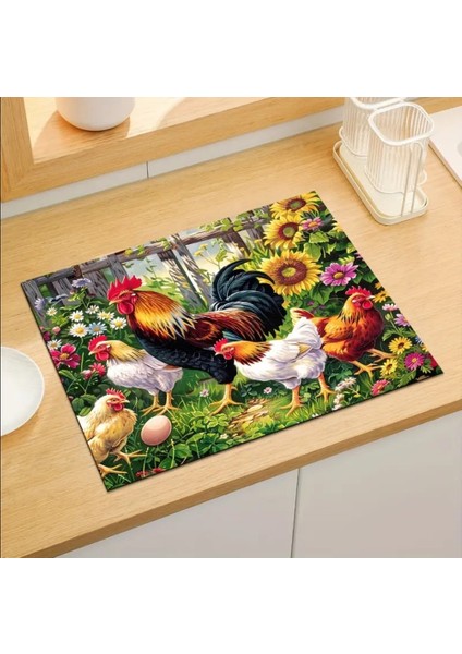 55 cm x 45 cm Horoz ve Tavuk Tasarımı Tezgah Üstü Bulaşık Kurutma Matı Bulaşıklık Kurutma Örtüsü
