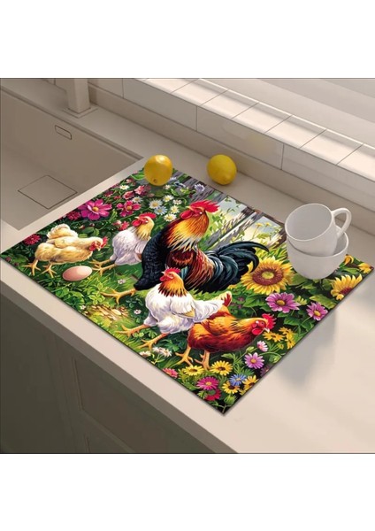 55 cm x 45 cm Horoz ve Tavuk Tasarımı Tezgah Üstü Bulaşık Kurutma Matı Bulaşıklık Kurutma Örtüsü