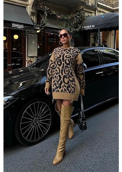 Leopar Desenli Yırtık Detaylı Kazak 1344