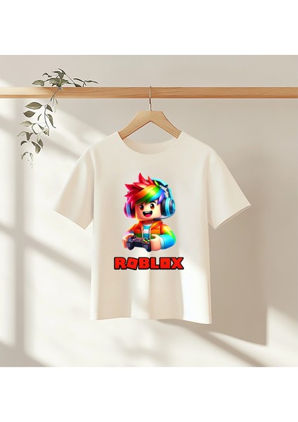 Roblox Baskılı Çocuk Tişört – Gamer Renkli Karakter Desenli Beyaz Tişört