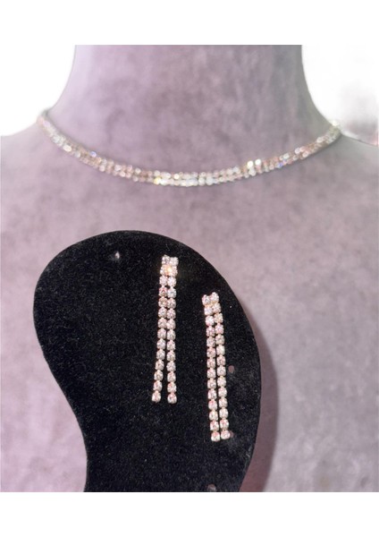Full Taşlı Iki Sıra Parlak Choker Kolye ve Küpe Seti