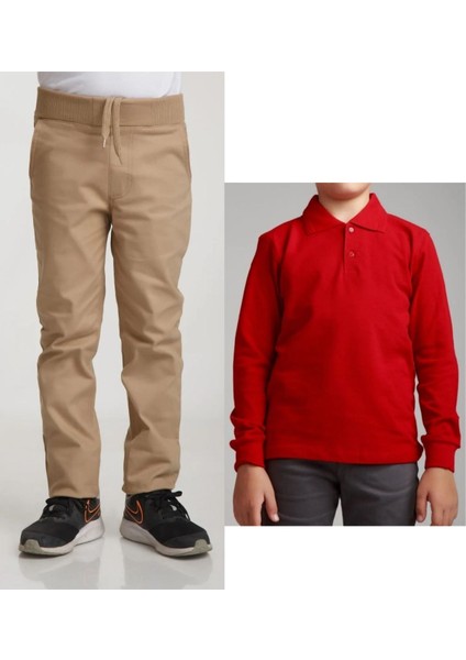 Unisex Çocuk Ribana Bel Keten Bej Okul Pantolonu + Polo Yaka Uzun Kol T-Shirt